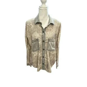 Free People Satin Paisley Button Up Blouse Denim Accents Size Small